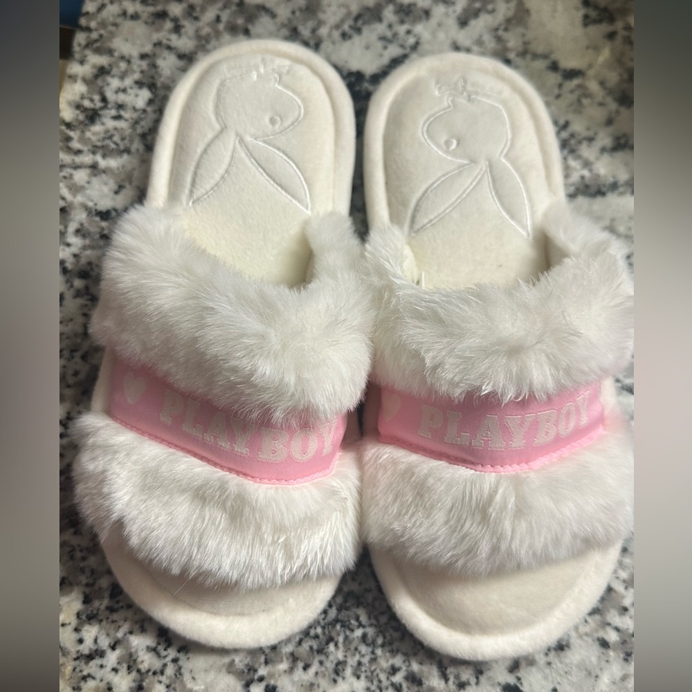 Pink and White Fuzzy Playboy Bunny Slides